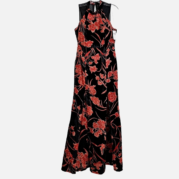 Nwt BCBG Black Velvet / Peach Floral Sleeveless Highslits Maxidress - Picture 8 of 17